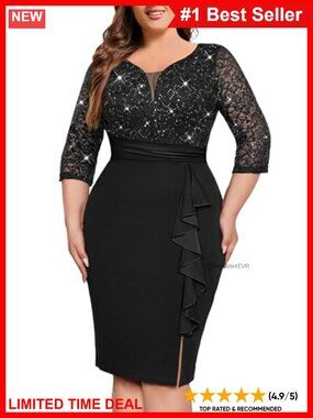 Plus Size Sequin Lace Cocktail Party Dress Ruffle Knee Length
